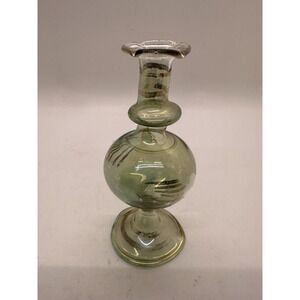 Murano Style Handblown Art Glass Vase‎ 4" Green Gold Swirl Iridescent Vintage